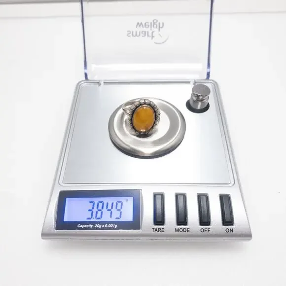 925 Sterling Silver Orange Amber Cabochon Ring Bezel Set Size 7 Boho